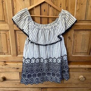 Joy Joy Large White Blue Striped‎ Blouse Off The Shoulder Embrodiered